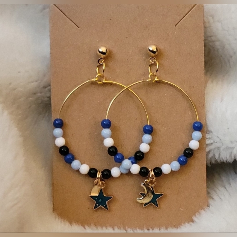 Gold and Blue Star & Moon Hoop Earrings